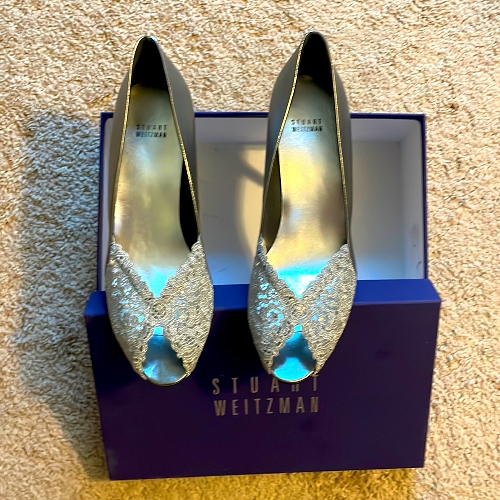 Silver lace heels